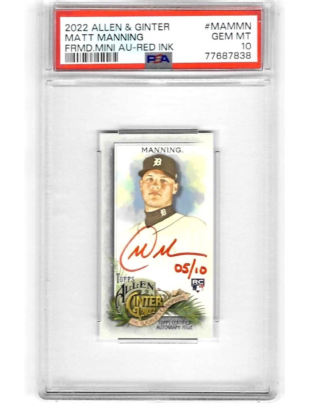 2022 Topps Allen & Ginter Mini Matt Manning Rookie Red Ink Auto 5/10 PSA 10 GEM